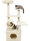 Multi-level beige cat tree with large condo, padded top perch, and scratching posts for playful lounging and resting.