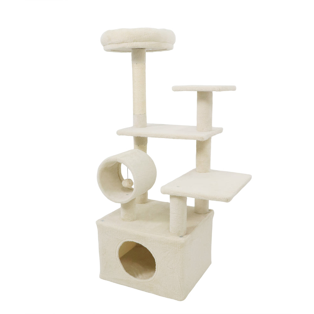 Multi-level 48-inch beige cat tree with padded top perch, large condo, and natural jute scratching posts for playful.
