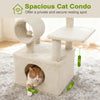 Spacious beige cat condo with a cozy top perch, large hiding spot, and jute scratching posts for playful lounging.