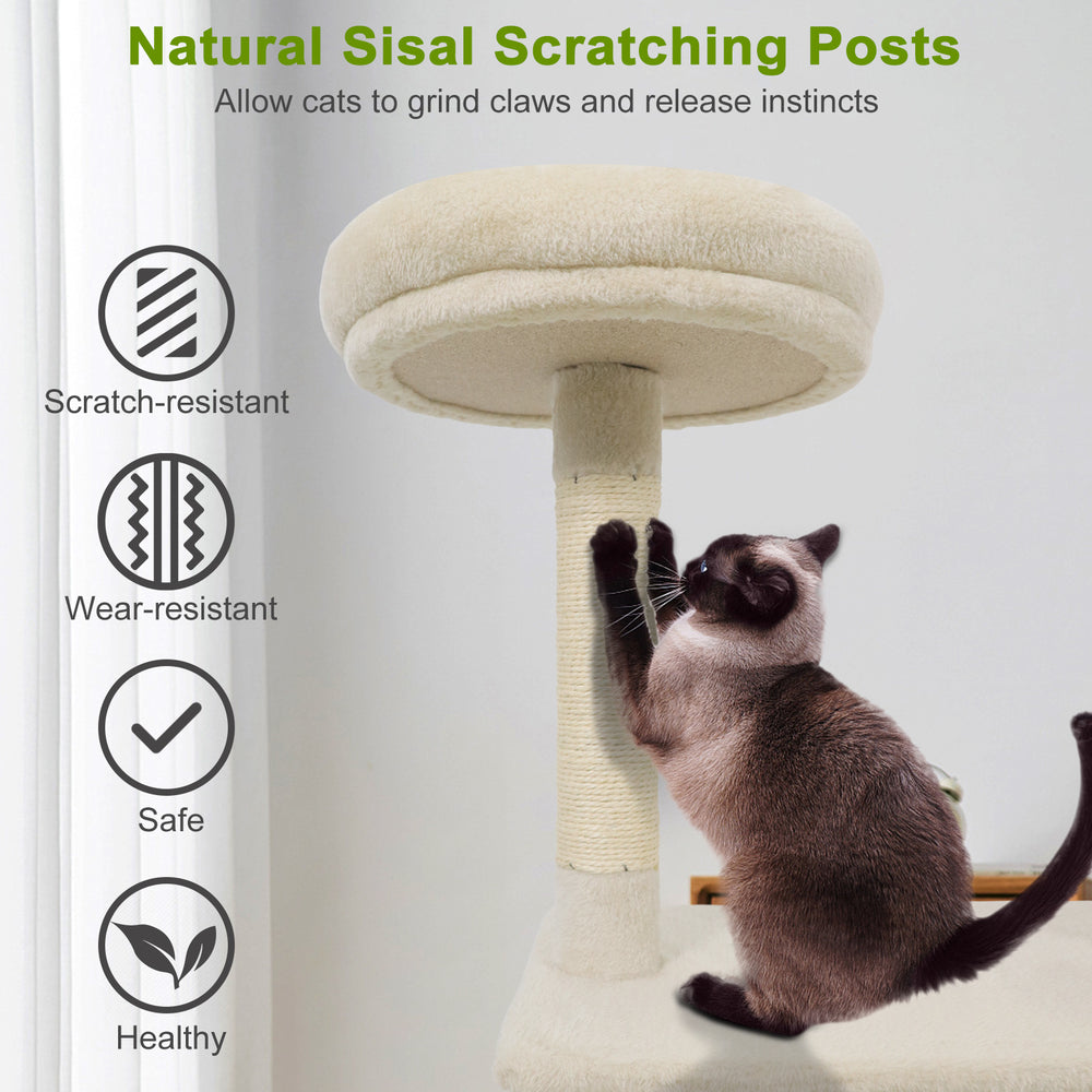 Multi-level 48-inch beige cat tree with padded top perch and natural jute scratching posts for playful lounging.