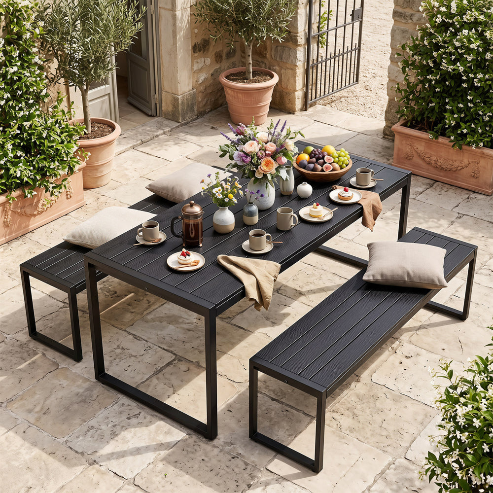 Spacious 48" outdoor bench set of 2 in slatted sea-black, made of wood-plastic composite and metal for versatile seating.