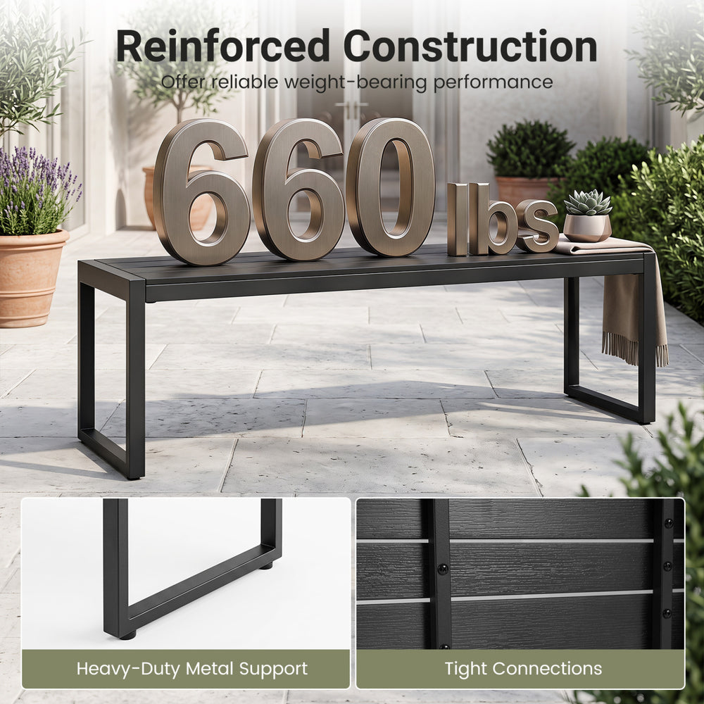 48" outdoor bench set of 2 in slatted sea-black, featuring a heavy-duty metal frame for reliable weight support.