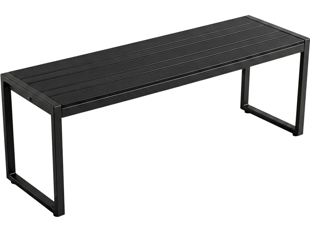 Black 48" outdoor bench with a wood-plastic composite slatted seat and metal frame, perfect for gardens and patios.