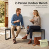 Two-person outdoor bench in black with slatted wood-plastic composite seat, perfect for garden relaxation and gatherings.