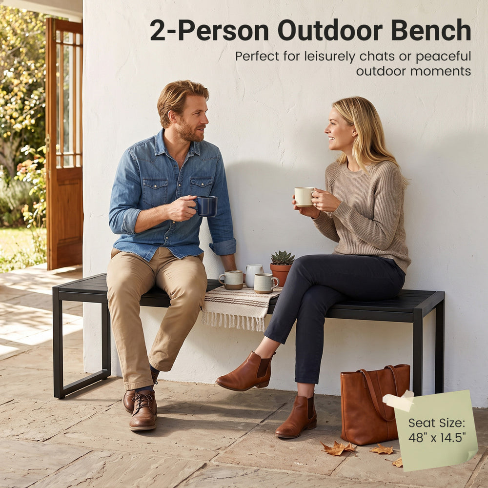 Two-person outdoor bench in black with slatted wood-plastic composite seat, perfect for garden relaxation and gatherings.