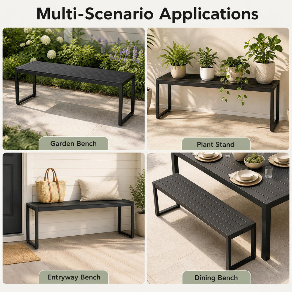 48" outdoor bench in black features a wood-plastic composite seat and metal frame, ideal for gardens, patios, or entryways.
