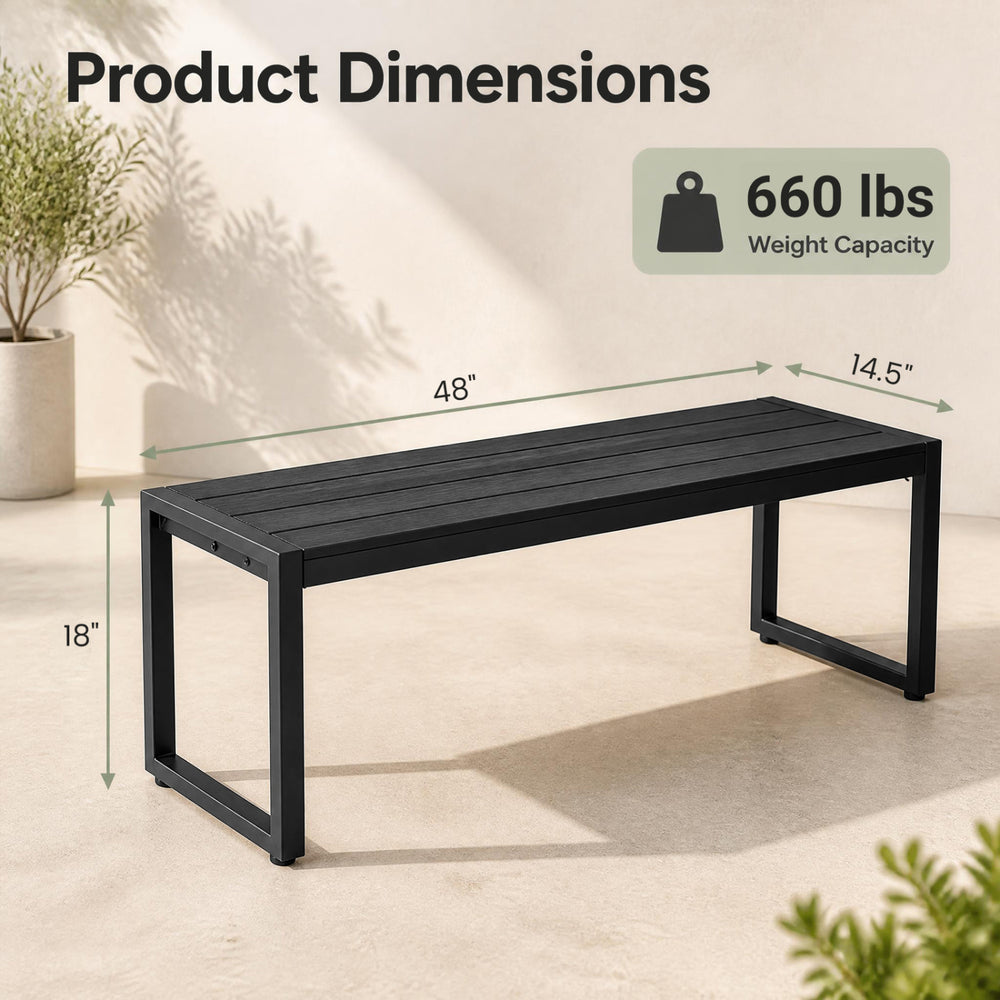48" outdoor bench with a black wood-plastic composite slatted seat and metal frame, suitable for gardens and patios.