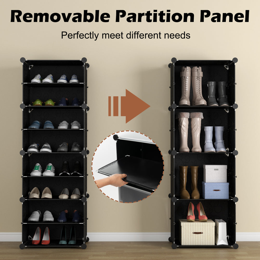 12-cube portable shoe shelves in black, featuring removable partition panels and hooks, ideal for organizing 48 pairs.