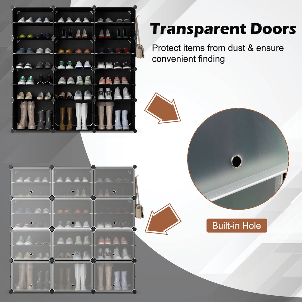 12-cube portable shoe shelves in black, storing 48 pairs with transparent doors and built-in hole for easy access.
