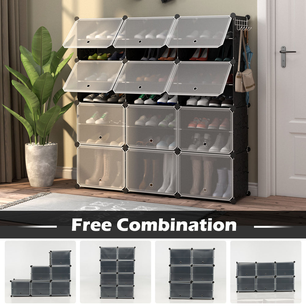 12-cube portable shoe shelf in black, storing 48 pairs with 5 hooks, ideal for entryway and indoor organization.
