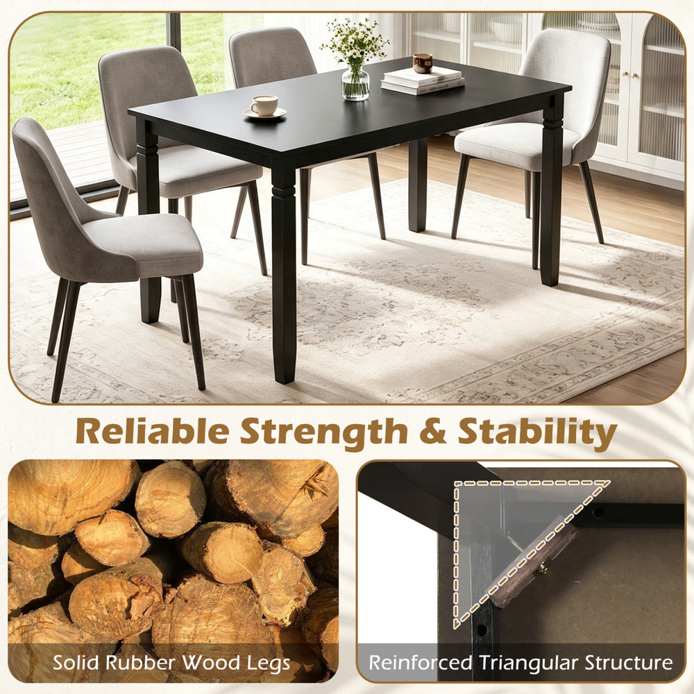 48" rectangular kitchen table in black with solid rubber wood legs and reinforced triangular structure for dining room stability.