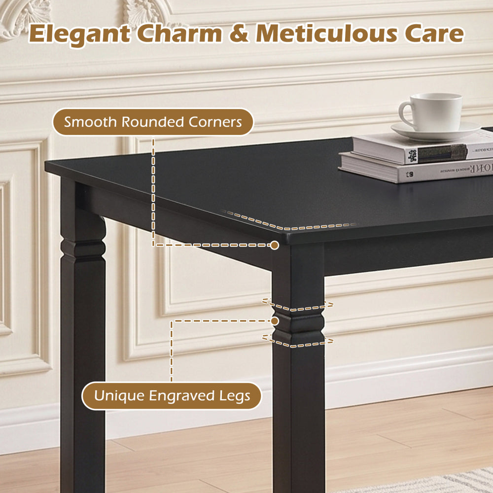 Rectangular kitchen table with solid rubber wood legs features unique engraved legs and smooth rounded corners for safety.