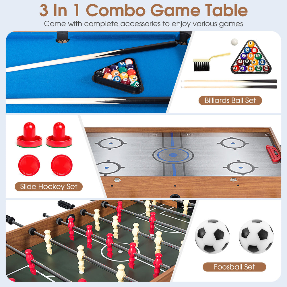 48-inch 3-in-1 multi combo game table featuring soccer, billiards, and hockey with complete accessories for game rooms.