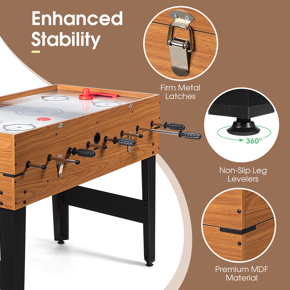 Close-up of the 48-inch multi combo game table featuring soccer, billiards, and hockey with premium MDF material.