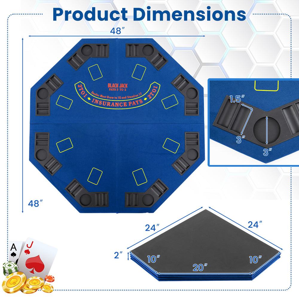 Blue 48-inch foldable poker table top with cup holders and card placement areas, ideal for 8 players and easy storage.