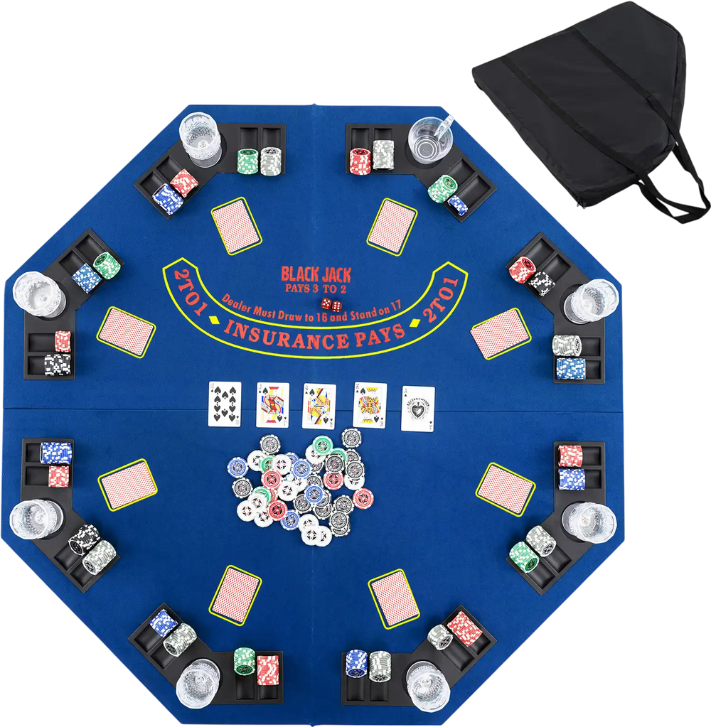 Blue 48-inch foldable poker table top for 8 players with cup holders and carrying bag, ideal for game nights.