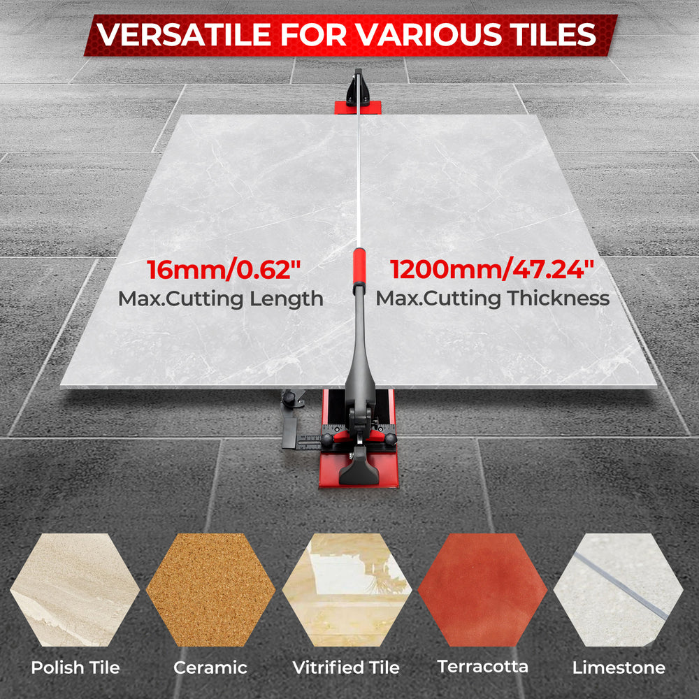 Manual tile cutter with sharp tungsten carbide blade, measuring scale, and adjustable side brackets for various tiles.