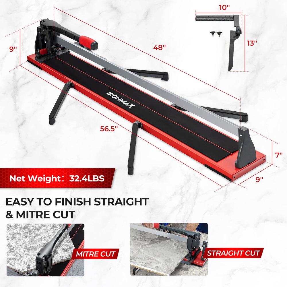 Manual tile cutter with a 48-inch tungsten carbide blade, designed for accurate straight and mitre cuts on various.