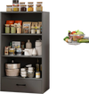 Gray 48-inch tall wood bookcase with four tiers and a storage drawer, ideal for organizing kitchen essentials.