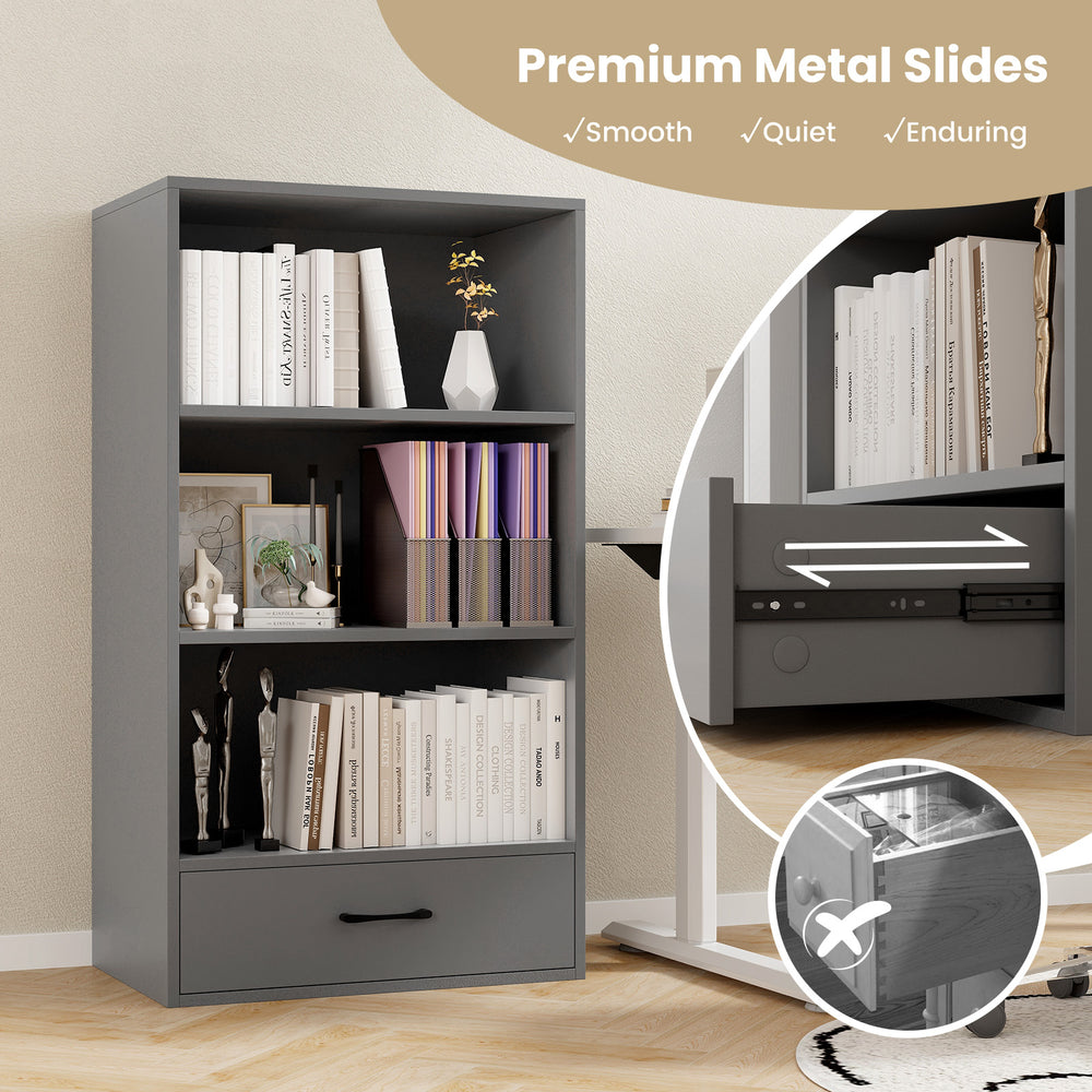 Gray 48-inch tall wood bookcase with a storage drawer, showcasing premium metal slides for smooth and quiet operation.