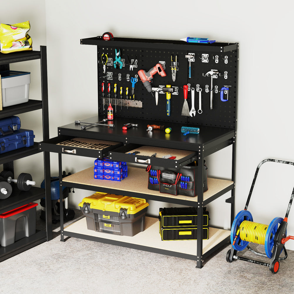 48 x 24 Inch Workbench Work Table with 3 PCs Pegboard Drawer and Shelves-Black - Gallery View 1 of 10