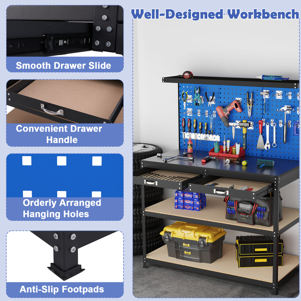 Workbench with navy finish, featuring 3 pegboards, 2 drawers, and anti-slip footpads for garage or workshop use.