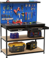 Workbench with heavy-duty metal frame, 3 pegboards, 2 drawers, and shelves for garage or workshop organization.
