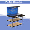 Workbench dimensions showing a 48 x 24 inch table with pegboards, drawers, and shelves for garage or workshop use.