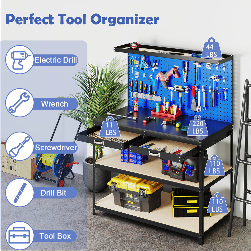 Workbench with navy finish, featuring 3 pegboards, 2 drawers, and heavy-duty metal frame for garage or workshop use.