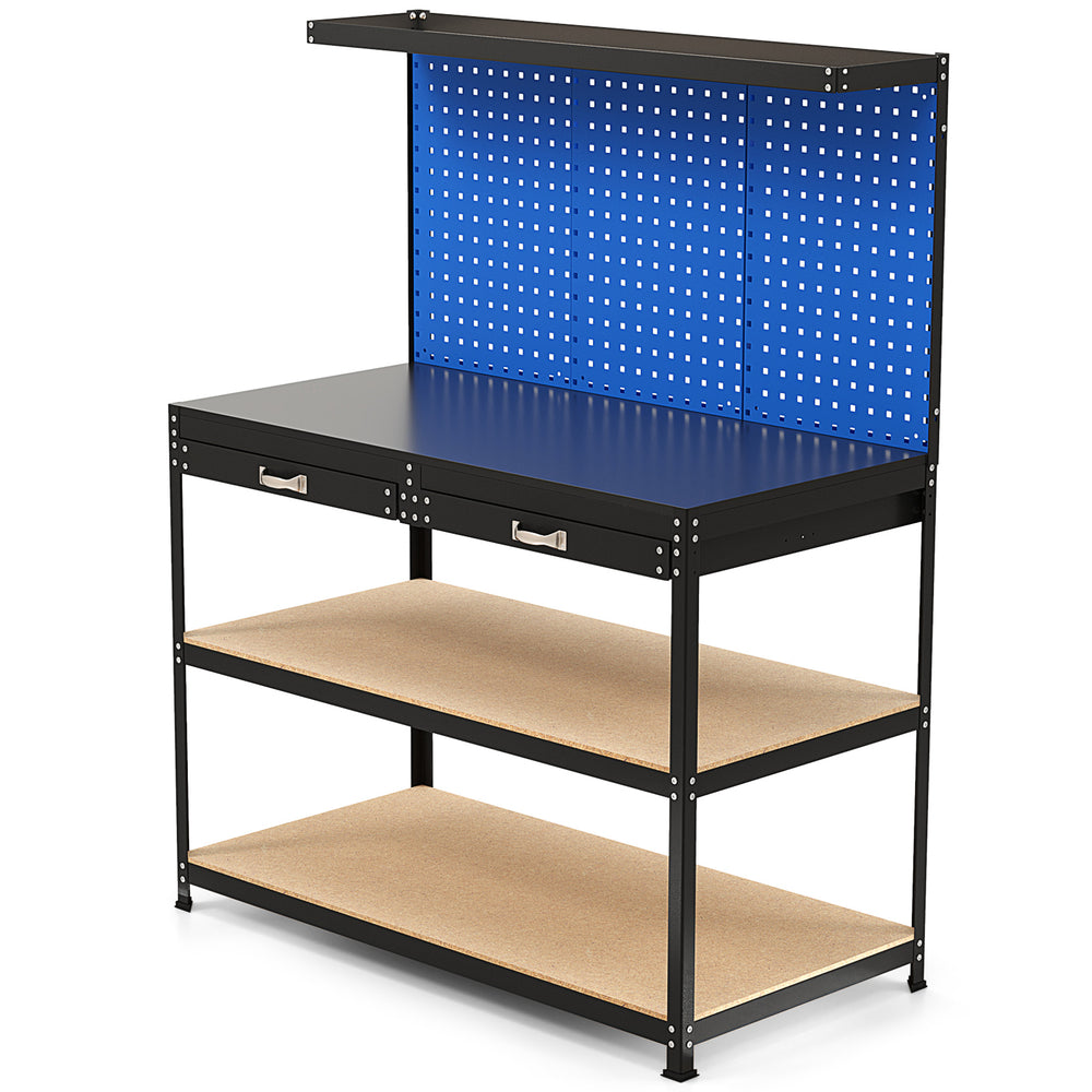 Workbench with navy pegboard, heavy-duty metal frame, two drawers, and two shelves for garage or workshop use.