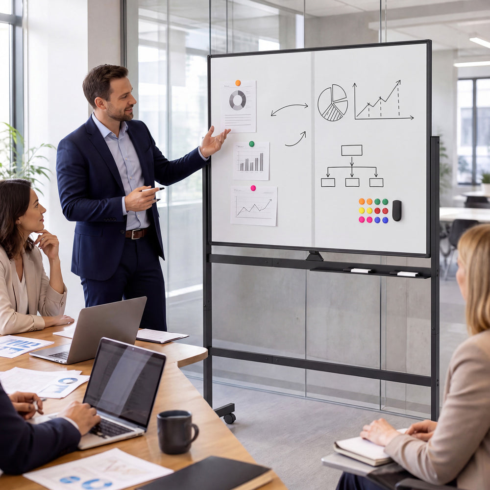 48" x 36" Double-Sided Mobile White Board with Lockable Universal Wheels for Office-Black - Gallery View 1 of 11