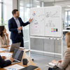 Double-sided mobile whiteboard with lockable wheels, perfect for office presentations and meetings, featuring 360° rotation.
