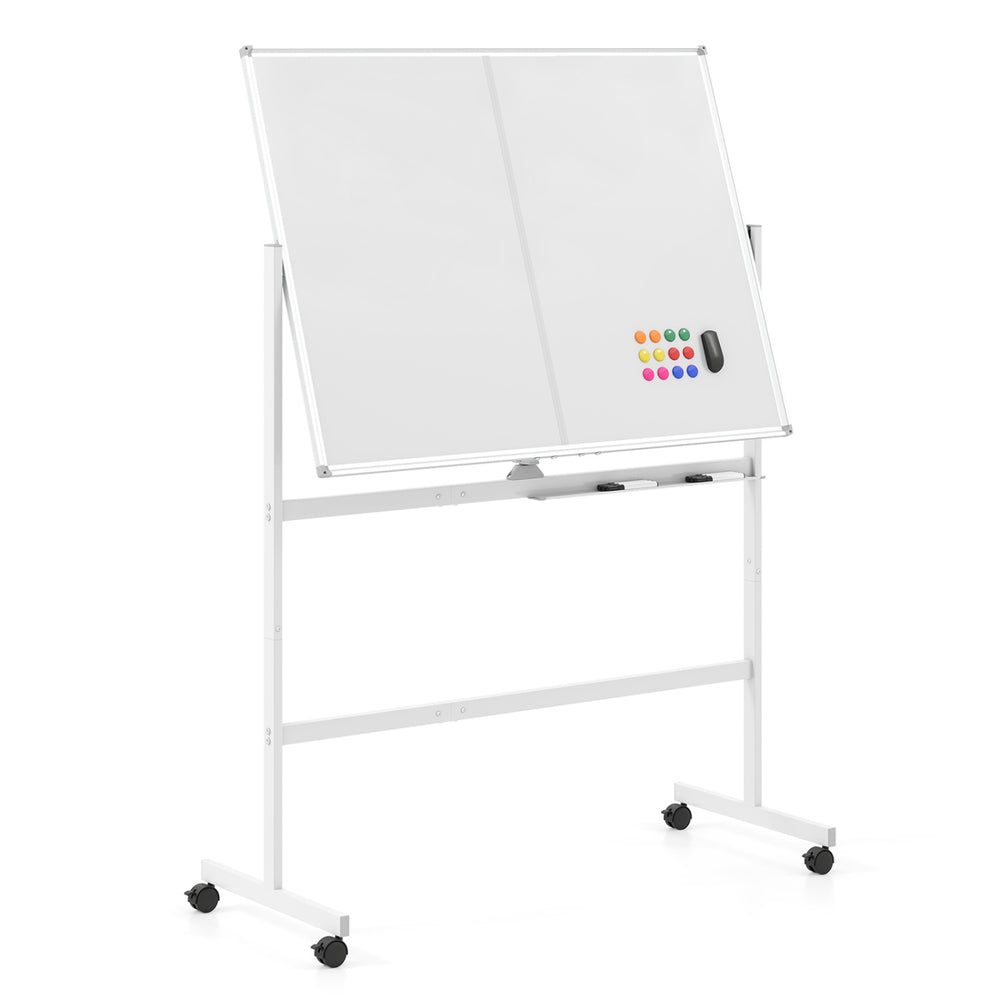 Double-sided mobile whiteboard with 360° rotation, lockable wheels, and included markers, ideal for office presentations.