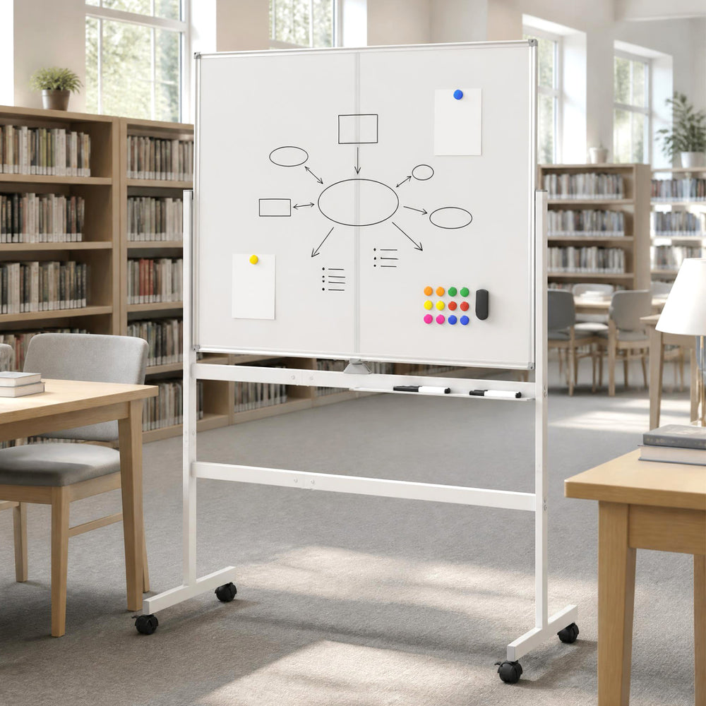 Mobile double-sided whiteboard with lockable wheels, ideal for presentations and meetings in office settings.