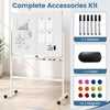 Double-sided 48" x 36" mobile whiteboard with lockable wheels, includes 6 markers, 1 eraser, and 12 magnets for convenience.