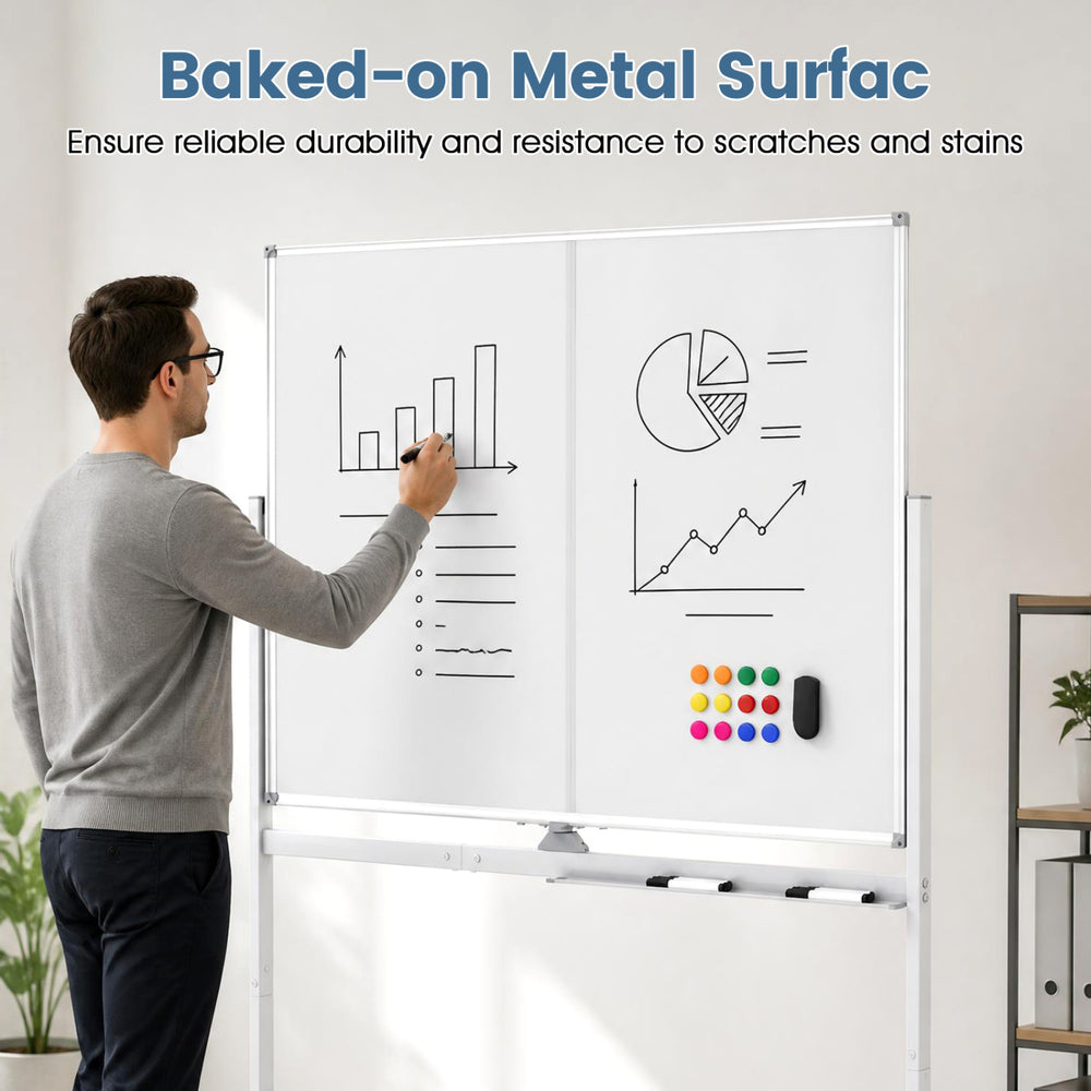 Double-sided mobile whiteboard with lockable wheels, durable baked metal surface, ideal for meetings and presentations.