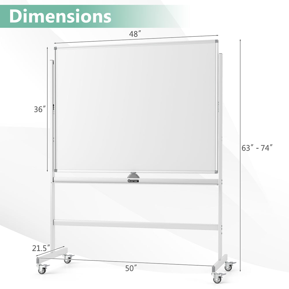 Rolling double-sided whiteboard, 48" x 36", adjustable height, magnetic surface, ideal for teaching and presentations.