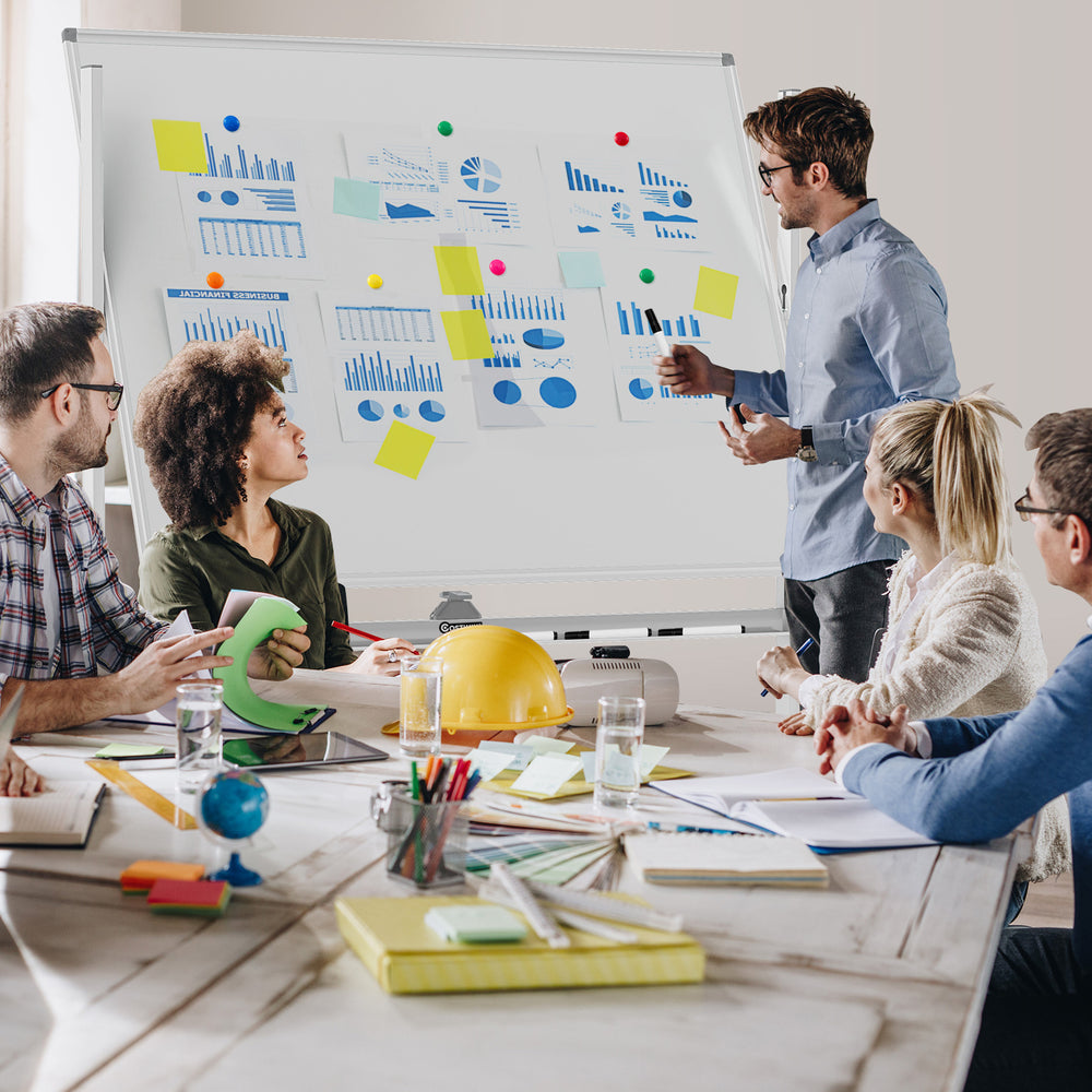 Rolling double-sided whiteboard with magnetic surface, 48"x36", adjustable height, ideal for presentations and.