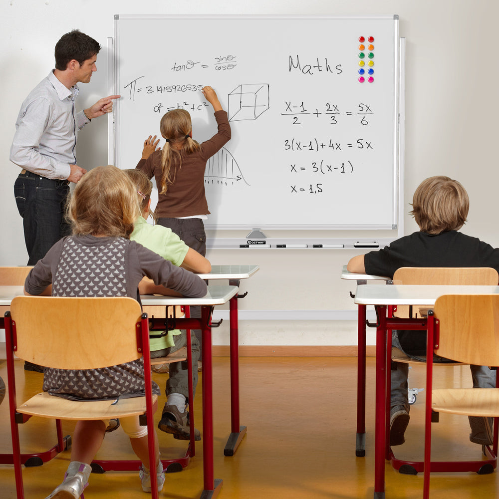Adjustable rolling double-sided whiteboard, 48" x 36", featuring a smooth writing surface and convenient storage tray.
