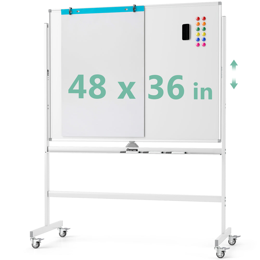Rolling double-sided whiteboard, 48 x 36 inches, with adjustable height and magnetic surface for teaching and.