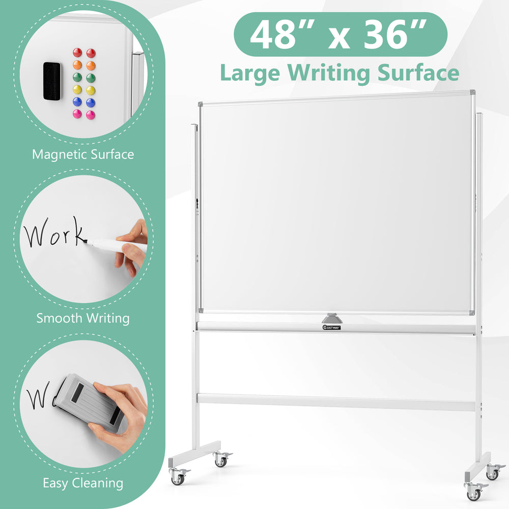 Rolling double-sided whiteboard with a 48" x 36" magnetic surface, adjustable height, and easy mobility for.