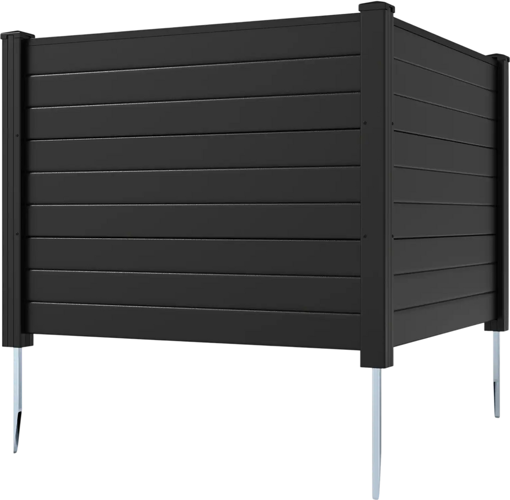 Black 48 x 38 inch air conditioner fence with three panels and galvanized metal ground stakes for outdoor use.