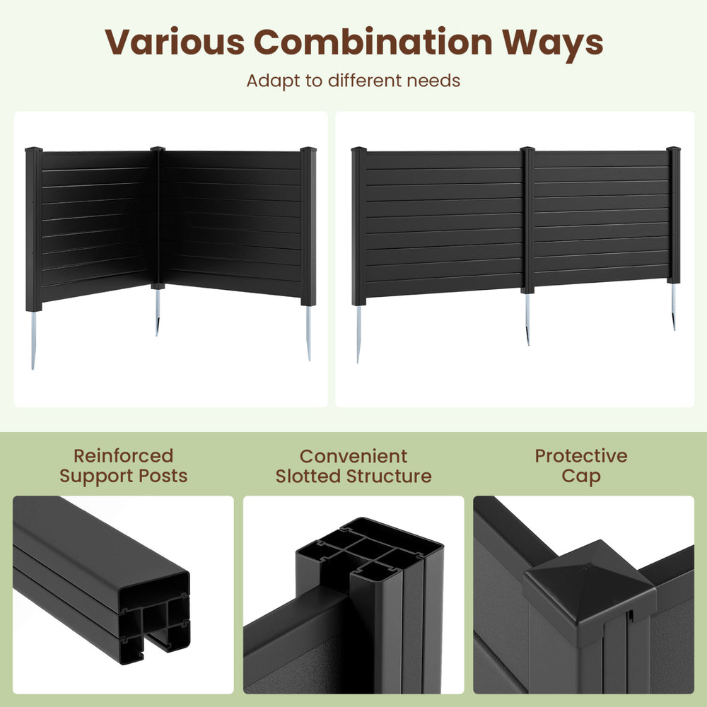 Three-panel black air conditioner fence with metal ground stakes, designed for versatile outdoor use and easy.