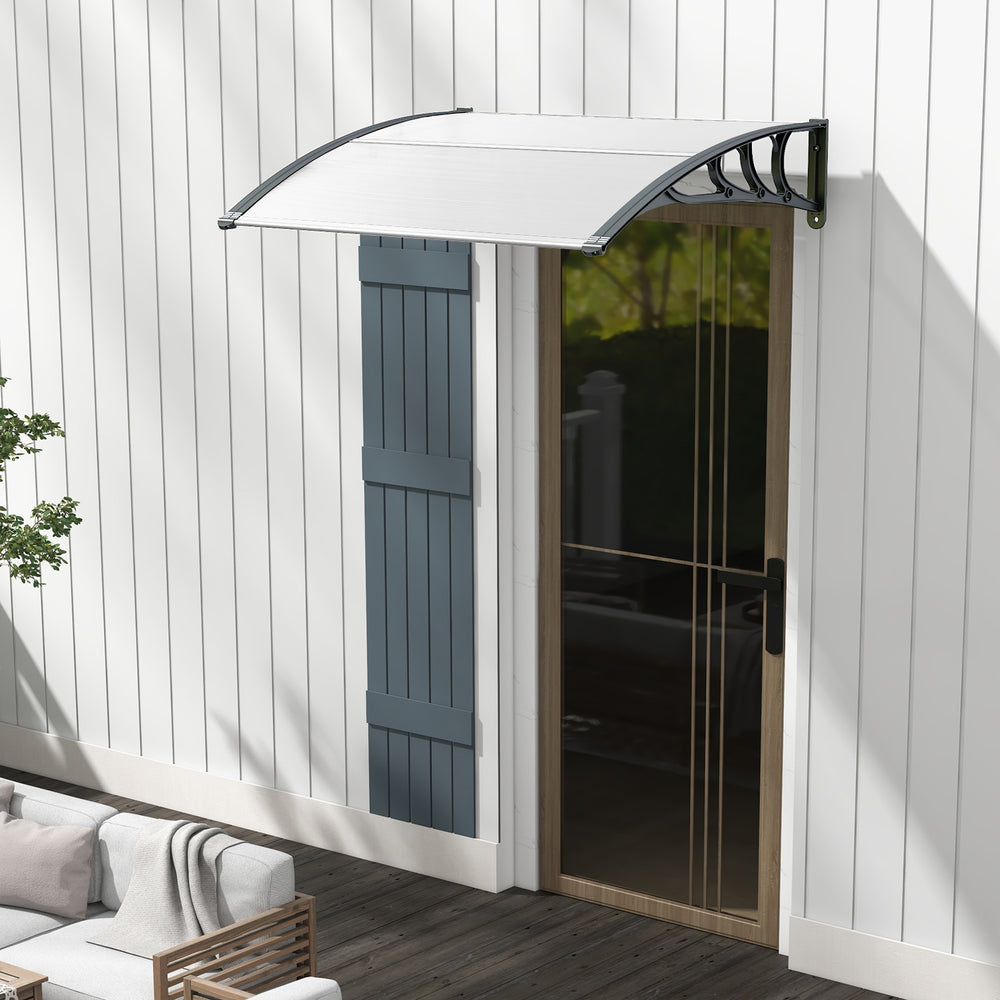 Gray outdoor door canopy awning, 48 x 40 inches, designed to withstand weather elements, perfect for porch or patio use.