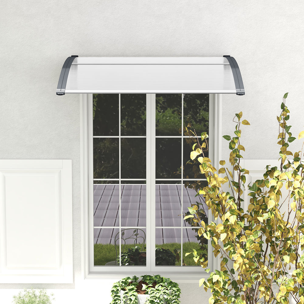 Gray 48 x 40 inch outdoor window awning with curved design, durable PC sheet, ideal for porch or patio protection.