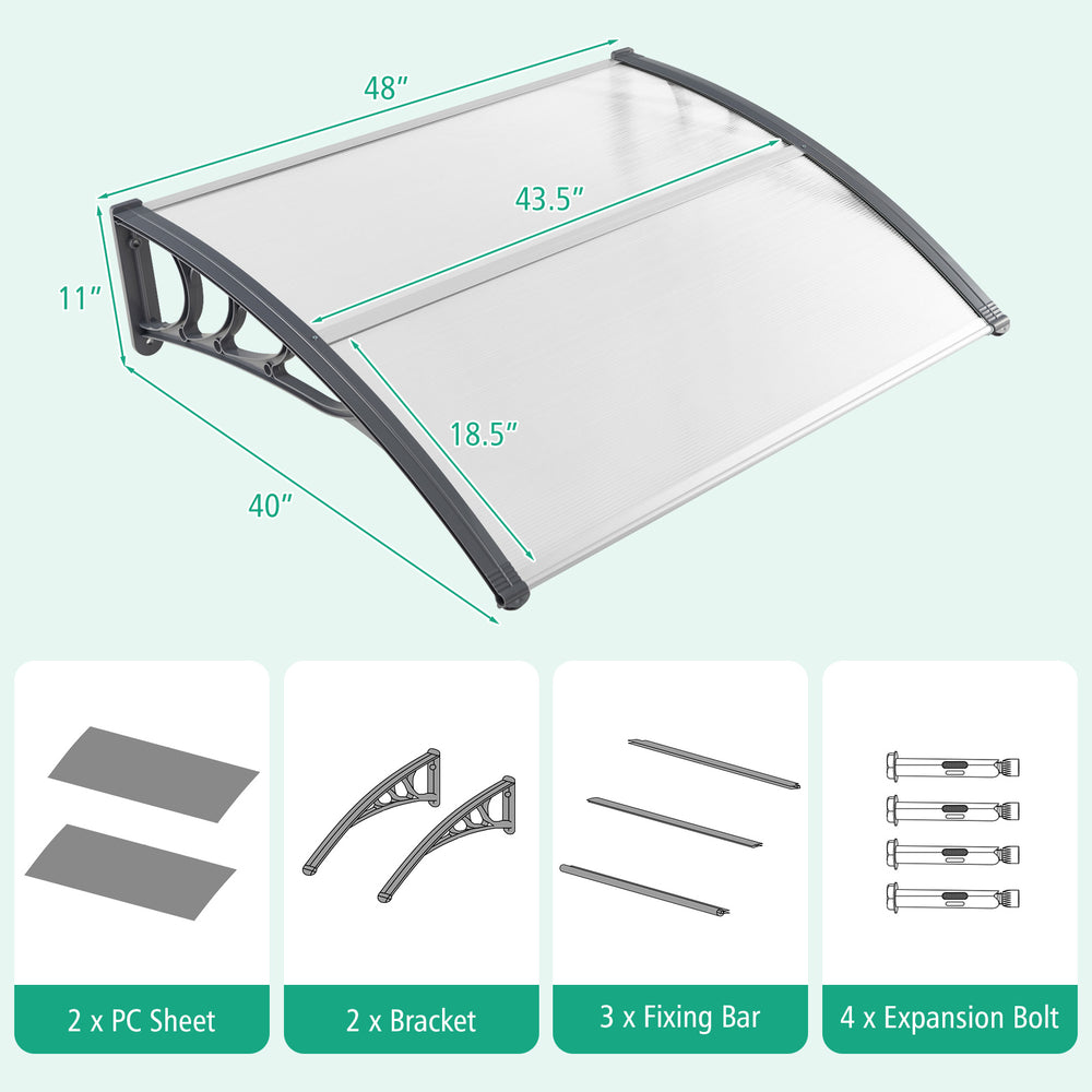 Outdoor gray door awning measuring 48 x 40 inches, featuring durable PC sheets and ABS brackets for reliable weather.