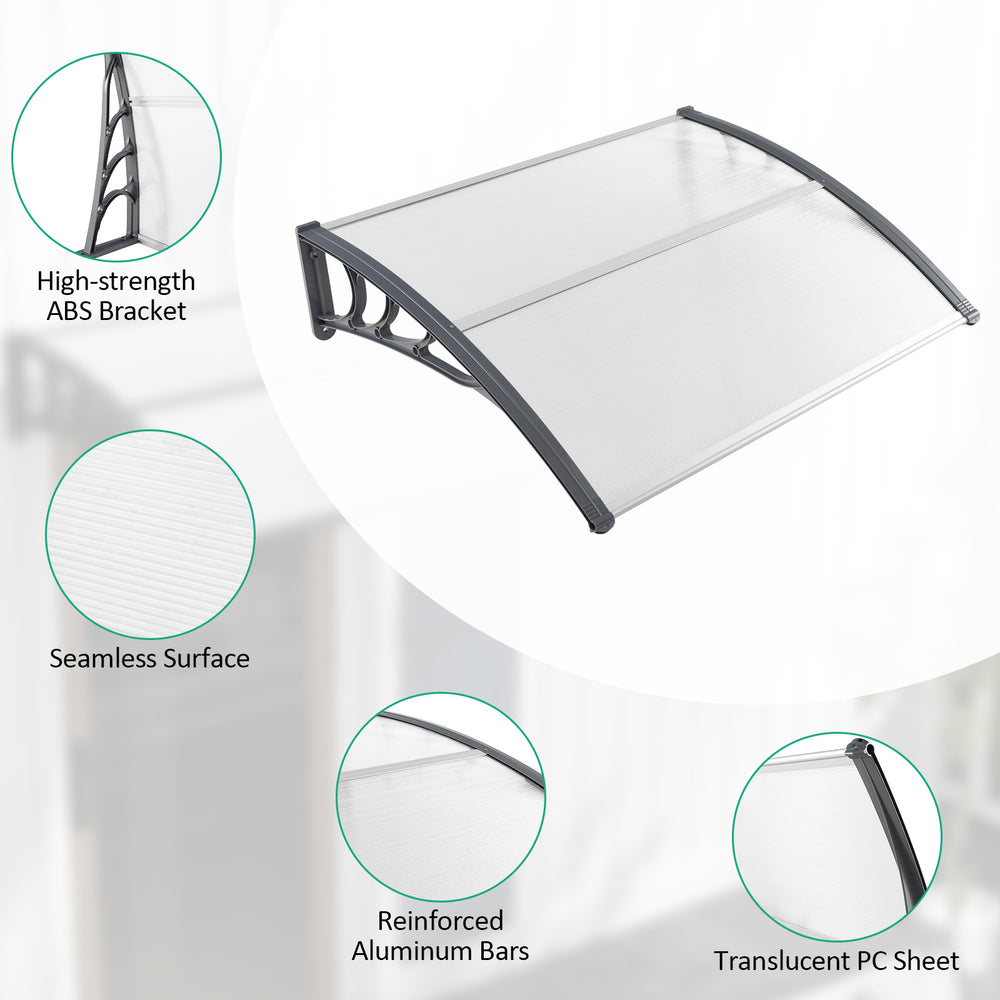 Gray 48 x 40 inch outdoor door awning with ABS bracket and aluminum bars, ideal for porch or patio protection.