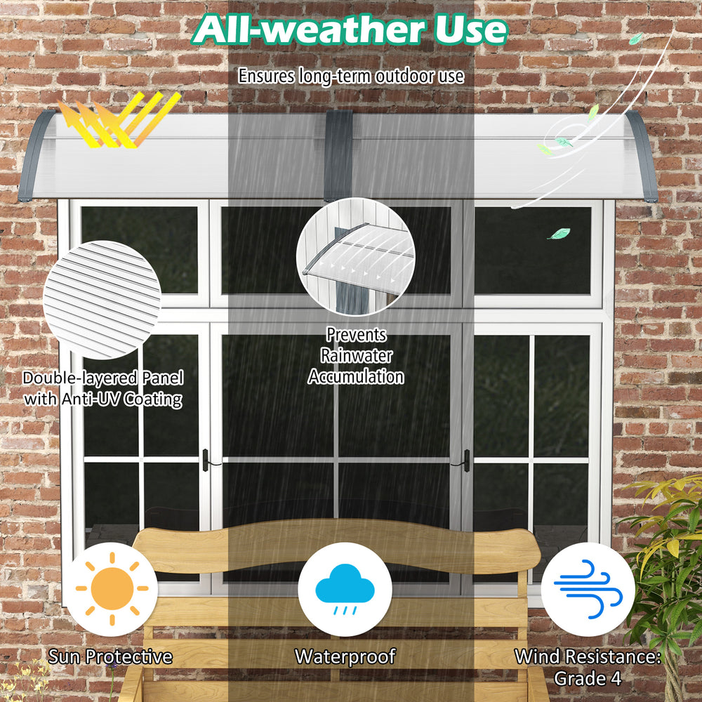 Gray 48 x 40 inch outdoor door canopy with curved design, waterproof PC sheet, ideal for porch or patio use.