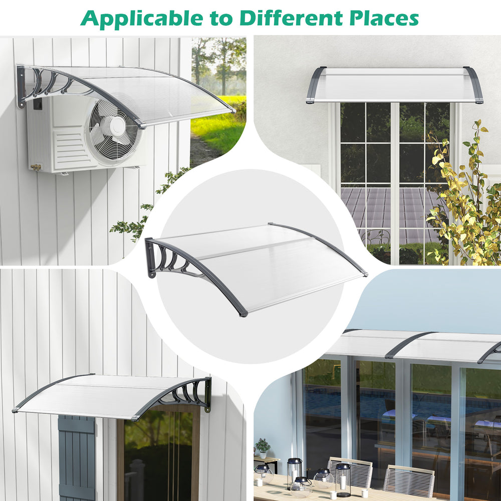 Curved 48 x 40 inch gray outdoor awning with ABS brackets, ideal for doorways, patios, and various wall types.