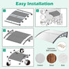 Outdoor door canopy installation steps with gray PC sheet and ABS bracket, suitable for cement, wood, or brick walls.